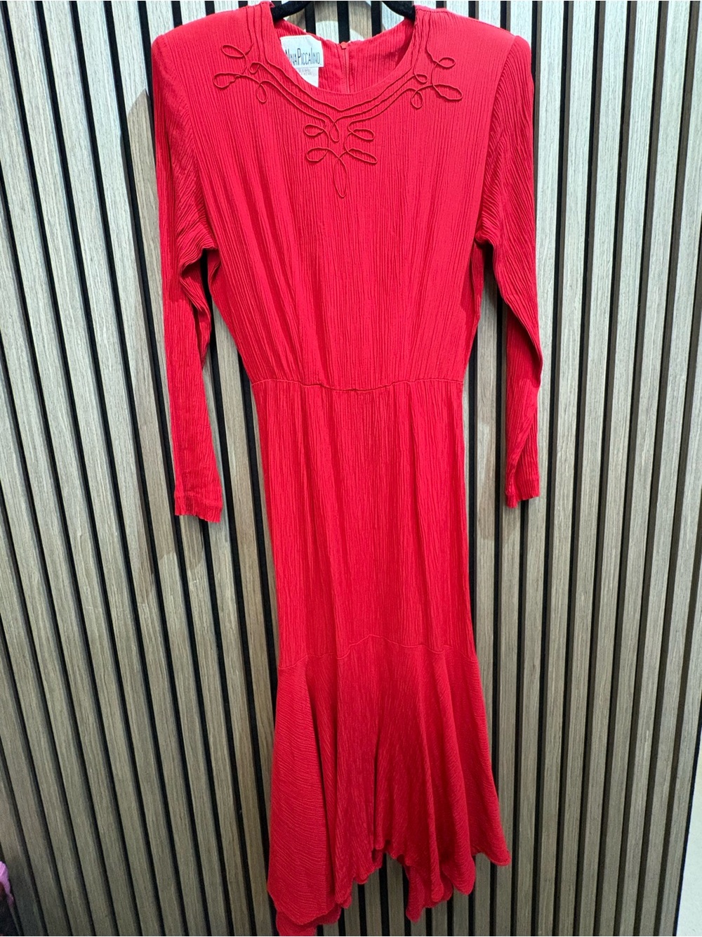 Red Long Sleeve Midi Dress with Decorative Neck Detail 1980s
